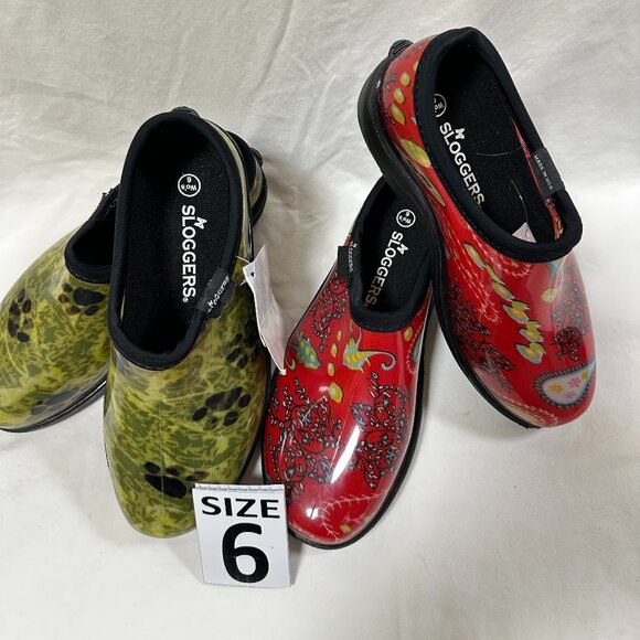 Two for One Price!!! Sloggers Waterproof Rain Shoes - Red Paisley & Paw Green - Picture 1 of 4